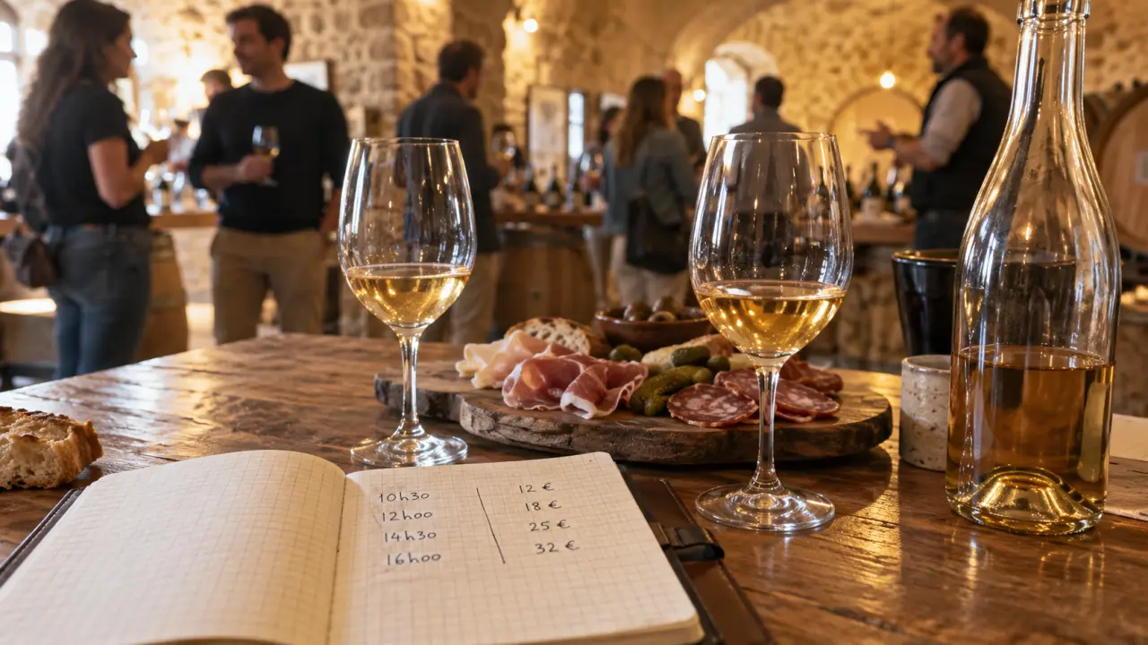 Dégustation vin Ardèche en caveau : verres, charcuterie, accords mets-vins