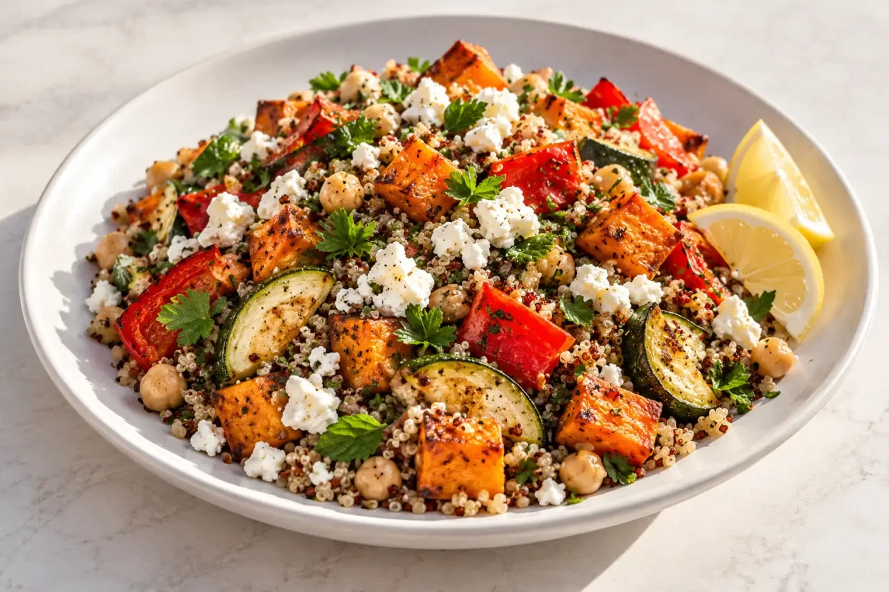 Idées recettes healthy : salade tiède de pois chiches, quinoa et légumes rôtis