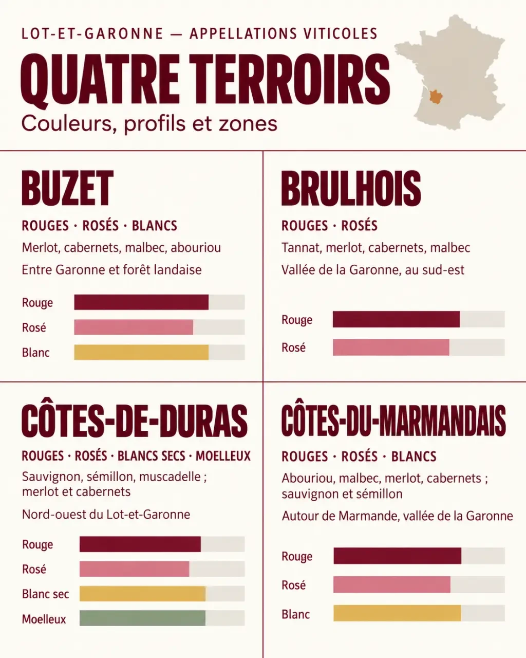 Infographie des meilleurs vins du Lot-et-Garonne et des appellations Buzet, Brulhois, Duras et Marmandais