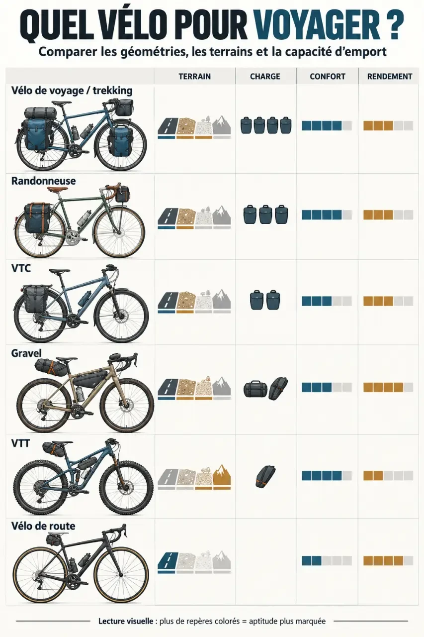 Infographie comparative des types de vélo de voyage selon le terrain et la charge