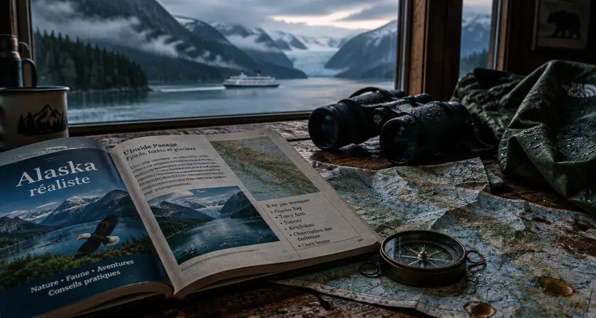 Guide touristique Alaska : carte et boussole, fjords brumeux et ferry