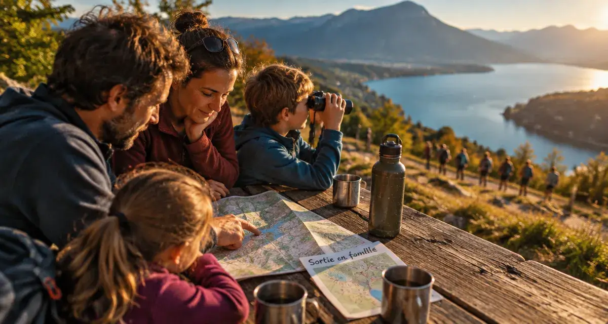 Idée sortie en famille Rhône-Alpes : famille lit une carte, enfant avec des jumelles au lac