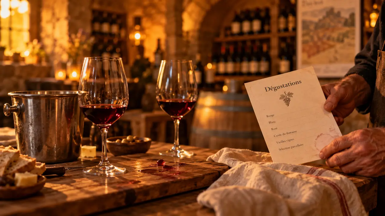 Producteur vin Ardèche en caveau, dégustation de vin à la golden hour