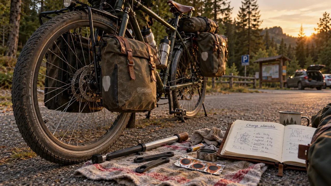 Vélo de voyage chargé, terrain et charge